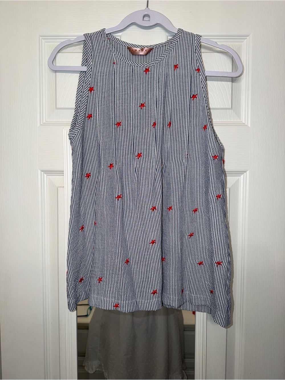 Blue & White striped Sleeveless Top with Red Star Embroidery